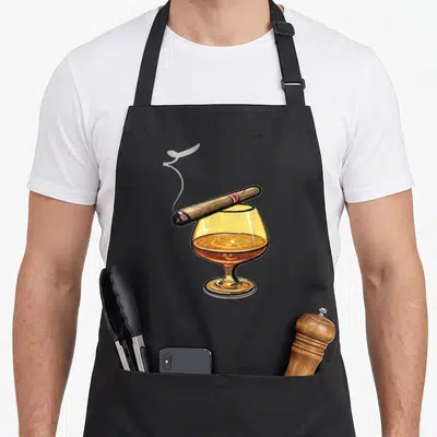 Smoke scotch apron - Amber brandy glass with brown cigar and grey smoke wisp realistic print — shown on a black cotton canvas apron against a white background