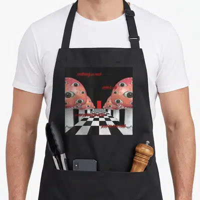Weirdcore mushroom apron - Red mushrooms with eyes on checkerboard floor with glitchy red text — shown on a black cotton canvas apron against a white background
