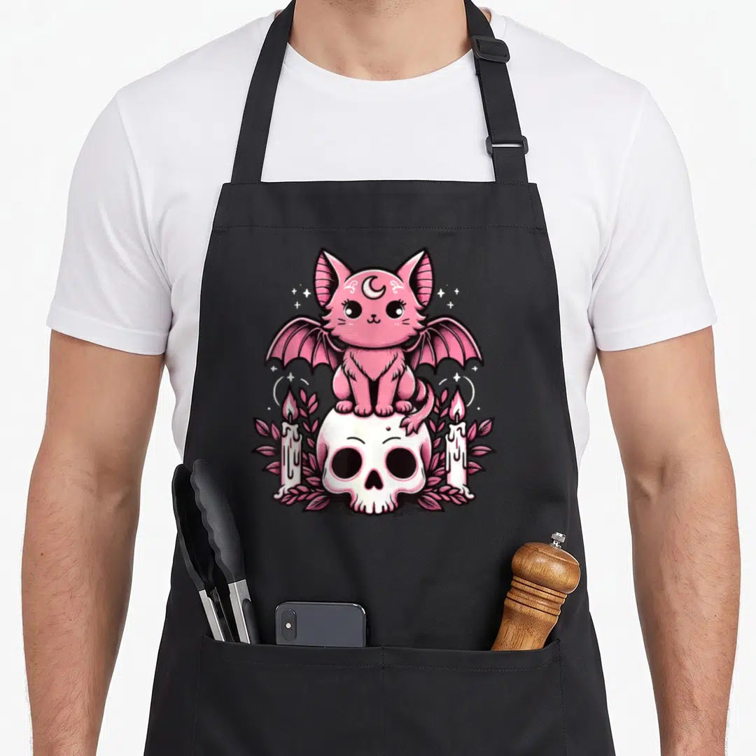 Creepy goth apron - Pink bat cat sitting on white skull with candles and stars — shown on a black cotton canvas apron against a white background