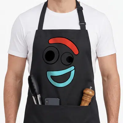 Face camping apron - Minimalist face with red eyebrow, two mismatched black eyes, light blue smiling mouth — shown on a black cotton canvas apron against a white background