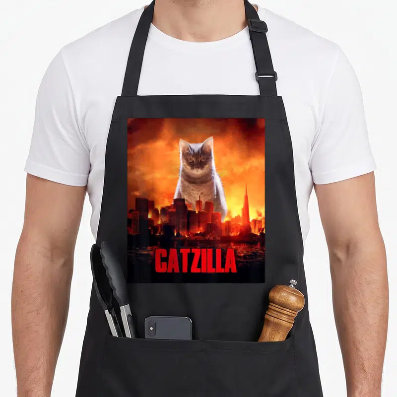 Cat kitten apron - Giant grey cat over burning city with red CATZILLA text — shown on a black cotton canvas apron against a white background