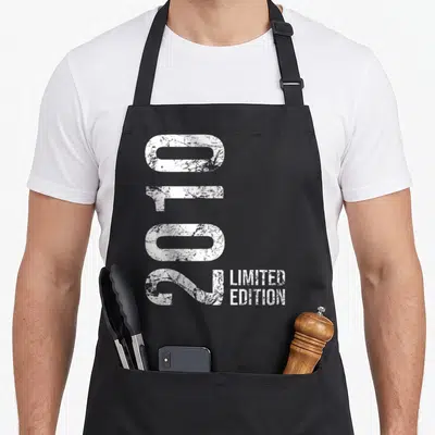 Limited 16th birthday apron - White 2010 numbers rotated vertically beside Limited Edition text on grey background — shown on a black cotton canvas apron against a white background