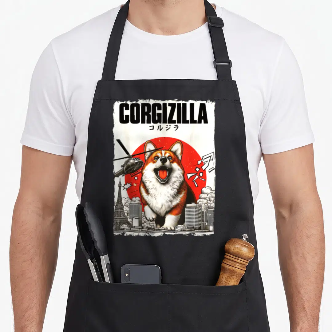 Feline dog mom apron - Corgizilla text with giant corgi, red sun, helicopter, and city skyline in distressed style — shown on a black cotton canvas apron against a white background