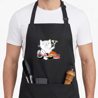 Sushi japan apron - White cartoon cat holding sushi on fork with five colorful pieces at base — shown on a black cotton canvas apron against a white background