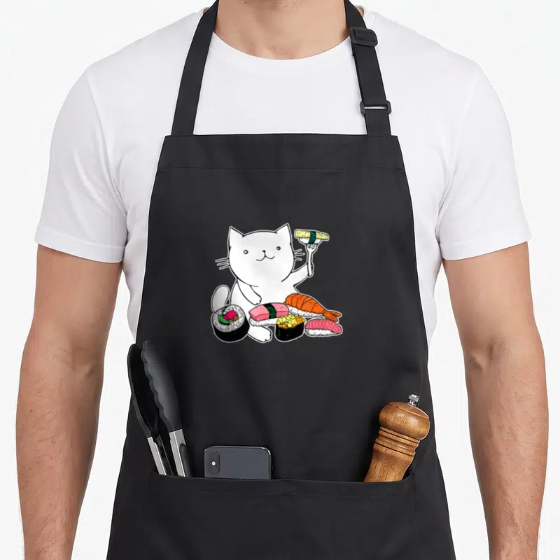 Sushi japan apron - White cartoon cat holding sushi on fork with five colorful pieces at base — shown on a black cotton canvas apron against a white background