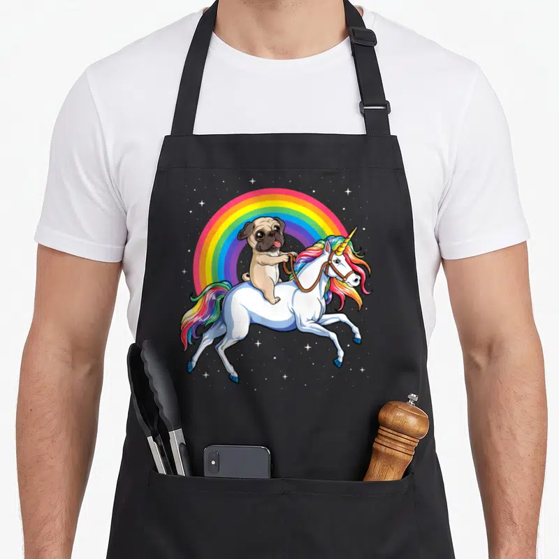 Pug rainbow apron - Cartoon pug riding leaping unicorn under rainbow with white stars — shown on a black cotton canvas apron against a white background