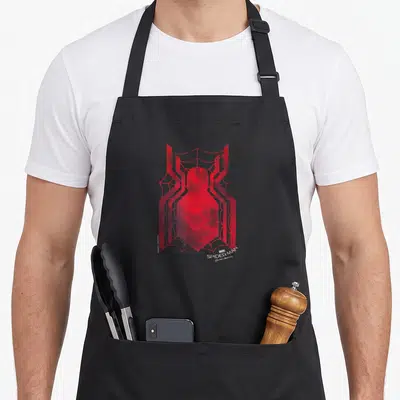 Grungy homecoming apron - Red spider logo over web pattern with distressed MARVEL SPIDER-MAN Homecoming text stacked — shown on a black cotton canvas apron against a white background