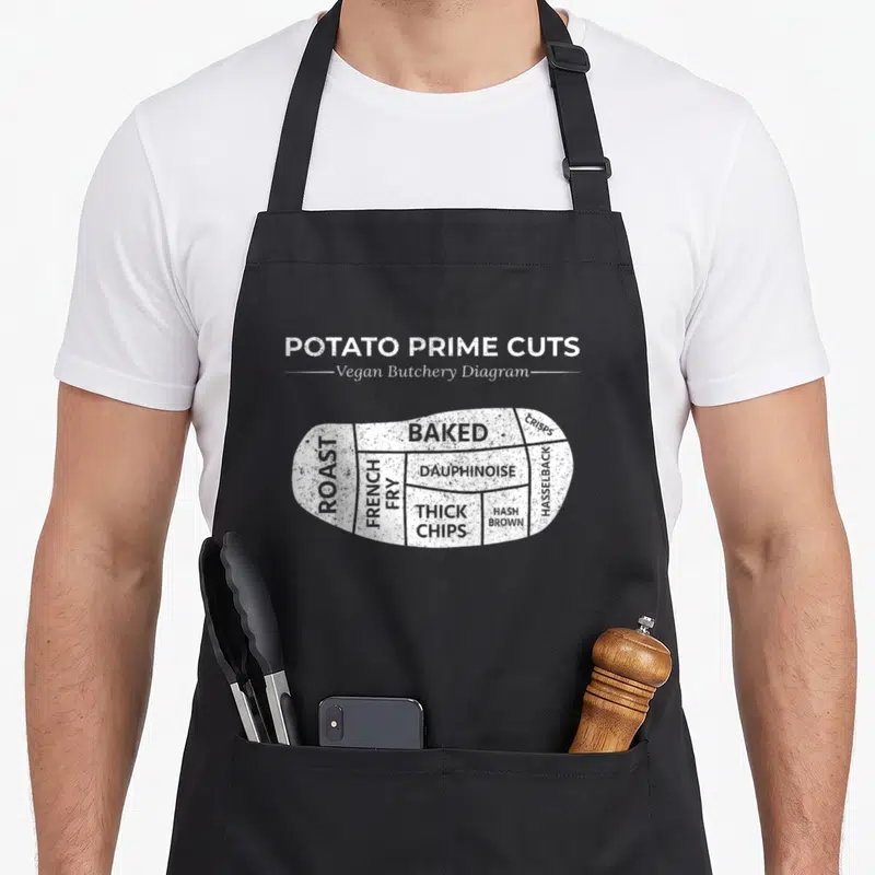 Potato vegan apron - White potato diagram divided into sections labeled with dish names like roast, baked, and hash — shown on a black cotton canvas apron against a white background