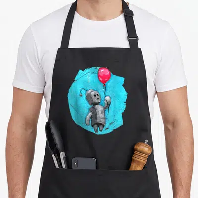 Robot balloon apron - Grey robot holding red balloon on textured blue circular watercolor background — shown on a black cotton canvas apron against a white background