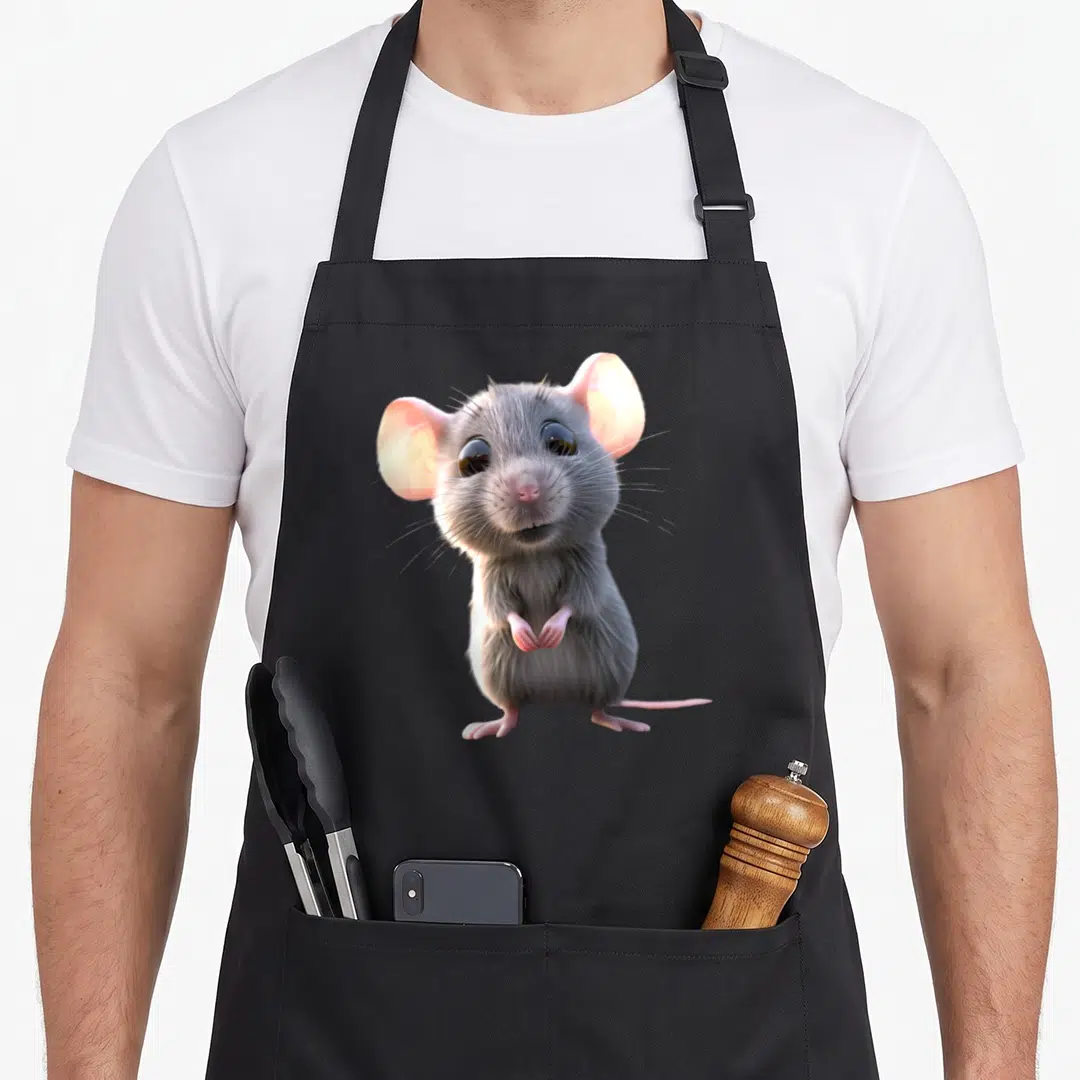 Rat mouse lover apron - Realistic grey and pink mouse standing upright with paws together — shown on a black cotton canvas apron against a white background