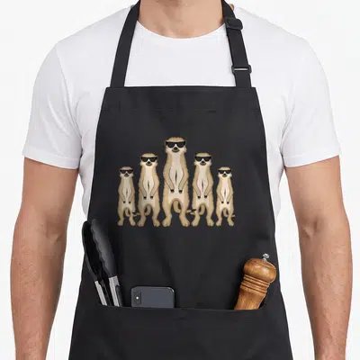 Sunglass meerkat apron - Five tan and black cartoon meerkats standing in a row wearing black sunglasses — shown on a black cotton canvas apron against a white background