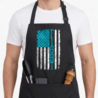 Fight chef outfit with apron - Distressed blue and white flag with vertical FIGHT text and star canton — shown on a black cotton canvas apron against a white background