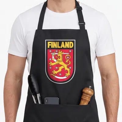 Flag finnish girl apron - Yellow FINLAND text above red shield with golden lion and white flowers — shown on a black cotton canvas apron against a white background