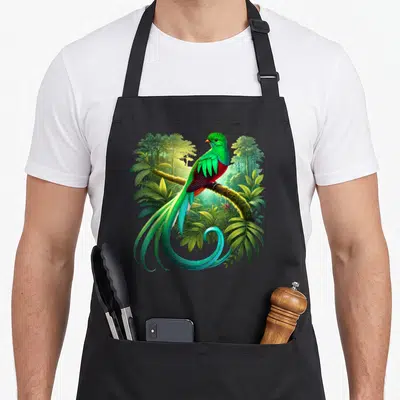 Guatemala guatemalan apron - Realistic bird with green red blue feathers perched on mossy branch amidst tropical leaves — shown on a black cotton canvas apron against a white background