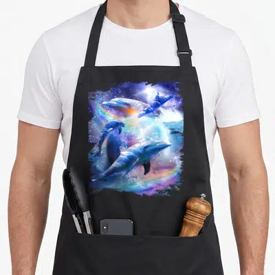 Space dolphin apron - Four realistic dolphins swimming around a glowing planet in a cosmic space setting with blue — shown on a black cotton canvas apron against a white background