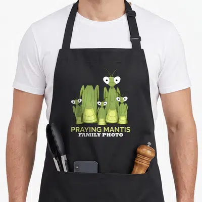 Praying family aprons - Five green cartoon praying mantises with white eyes and stacked yellow and white text below — shown on a black cotton canvas apron against a white background