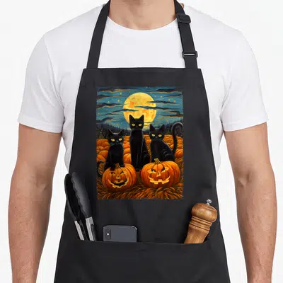 Halloween black cat apron - Three black cats sitting in orange pumpkins under yellow moon with dark blue sky — shown on a black cotton canvas apron against a white background