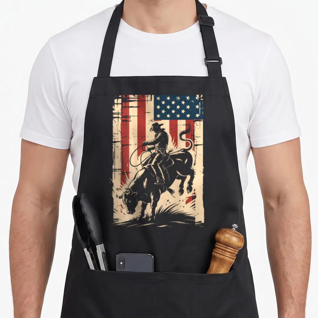 Rider american flag apron - Grey cowboy riding bull in front of distressed red white and blue American flag — shown on a black cotton canvas apron against a white background