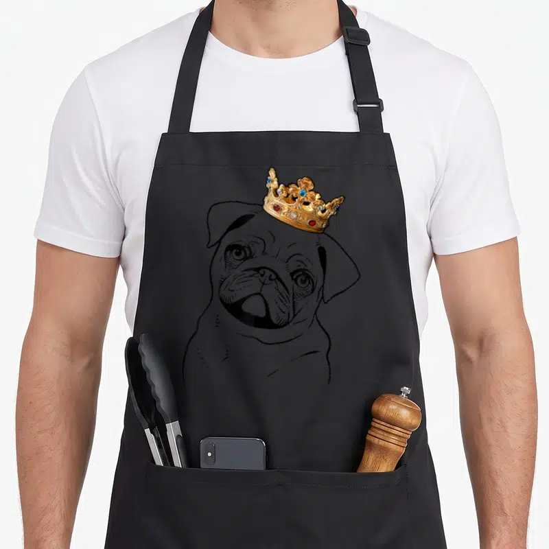 Miller dog apron - Black line art pug head with realistic gold crown featuring blue and red gems — shown on a black cotton canvas apron against a white background