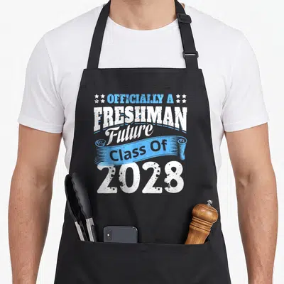 Freshman future class apron - White and blue distressed text reading Officially A Freshman Future Class Of 2028 — shown on a black cotton canvas apron against a white background
