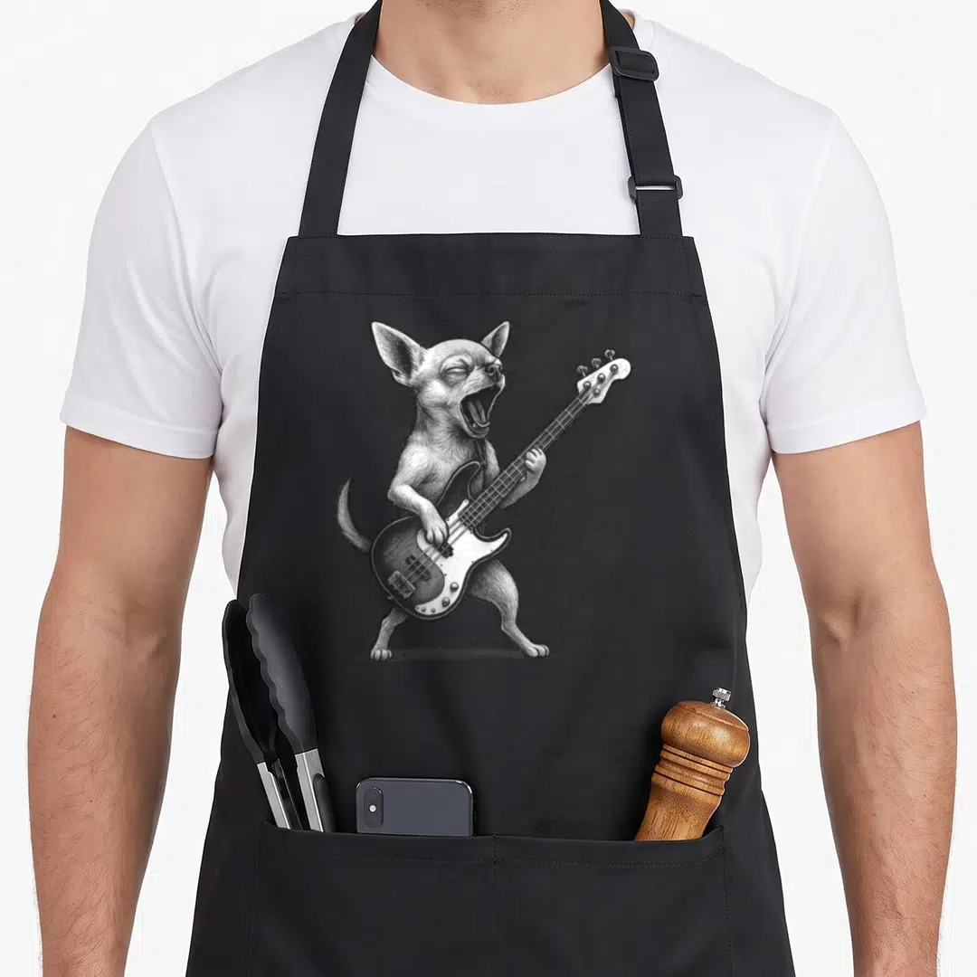 Music dog apron - Realistic chihuahua standing playing a bass guitar in grey and black ink style — shown on a black cotton canvas apron against a white background