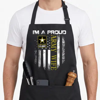 Proud army wife american flag apron - Distressed white flag background with U.S. Army logo and I'm A Proud Army Wife — shown on a black cotton canvas apron against a white background