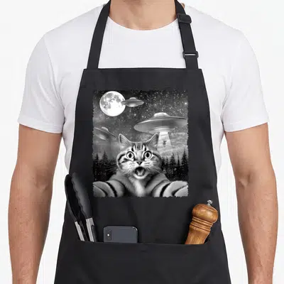 Alien selfie funny cat apron - Black and white photo of a cat selfie with three UFOs and a cow being abducted — shown on a black cotton canvas apron against a white background