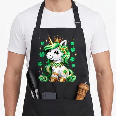 Unicorn shamrock st patrick day aprons - Cartoon unicorn with green mane, gold crown, floral headpiece, and scattered — shown on a black cotton canvas apron against a white background