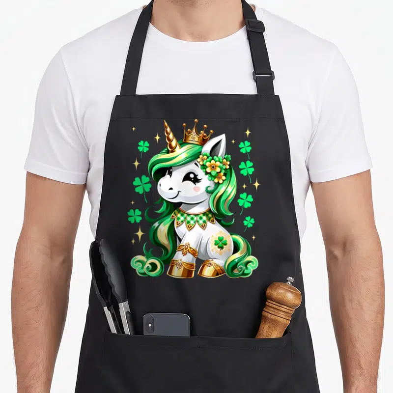Unicorn shamrock st patrick day aprons - Cartoon unicorn with green mane, gold crown, floral headpiece, and scattered — shown on a black cotton canvas apron against a white background