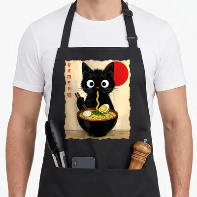 Anime ramen japanese cat apron - Black cat holding chopsticks over ramen bowl with red sun and vertical Japanese text — shown on a black cotton canvas apron against a white background