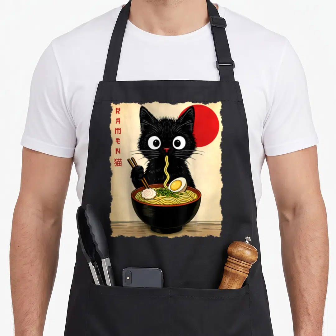 Anime ramen japanese cat apron - Black cat holding chopsticks over ramen bowl with red sun and vertical Japanese text — shown on a black cotton canvas apron against a white background