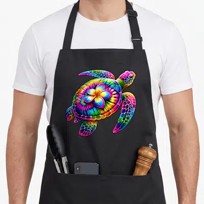 Hawaiian tie-dye apron - Rainbow sea turtle wearing a multi-colored plumeria flower on its shell in cartoon style — shown on a black cotton canvas apron against a white background