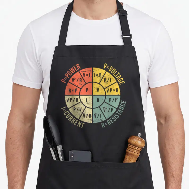 Formula engineering apron - Distressed circular chart with four colored quadrants showing Ohm's Law formulas like — shown on a black cotton canvas apron against a white background