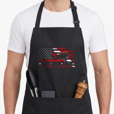 Scuba american flag apron - Distressed red white grey flag with grey diver silhouette and white DIVE text — shown on a black cotton canvas apron against a white background