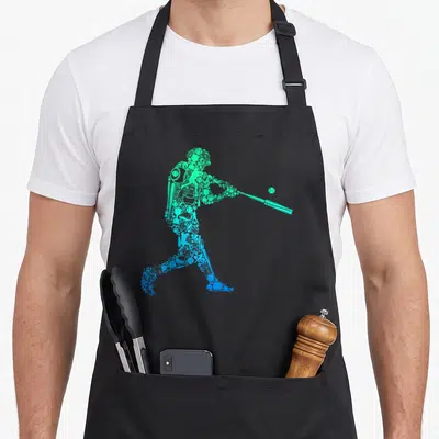 Batter baseball apron - Green and blue silhouette of a baseball player made of equipment with a floating ball — shown on a black cotton canvas apron against a white background