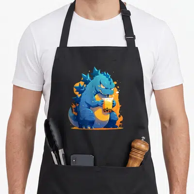 Japanese tea apron - Blue cartoon kaiju sitting and drinking bubble tea with orange splash background — shown on a black cotton canvas apron against a white background