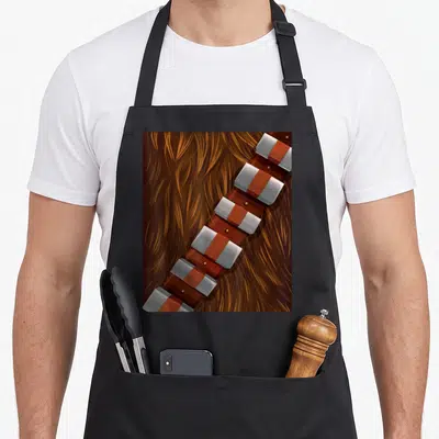 Vintage hobby halloween apron - Diagonal grey armor plates with gold rivets on brown fur texture — shown on a black cotton canvas apron against a white background