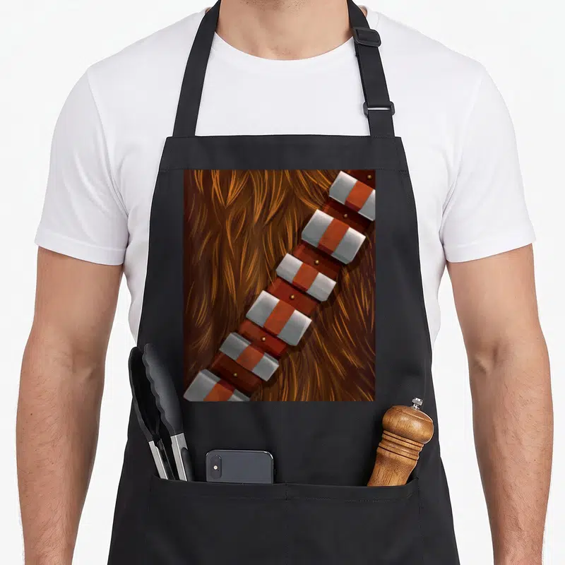 Vintage hobby halloween apron - Diagonal grey armor plates with gold rivets on brown fur texture — shown on a black cotton canvas apron against a white background