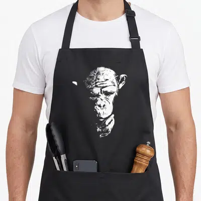Chimpanzee ape apron - White silhouette of a thinking chimpanzee head and hand resting on a fist — shown on a black cotton canvas apron against a white background
