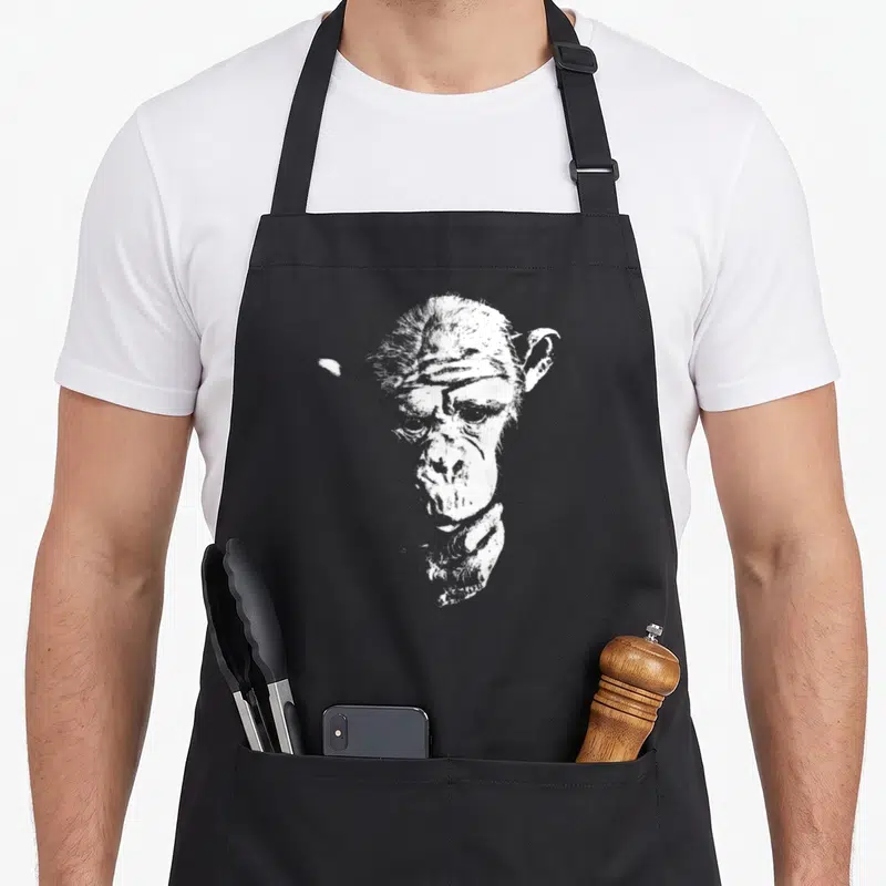 Chimpanzee ape apron - White silhouette of a thinking chimpanzee head and hand resting on a fist — shown on a black cotton canvas apron against a white background