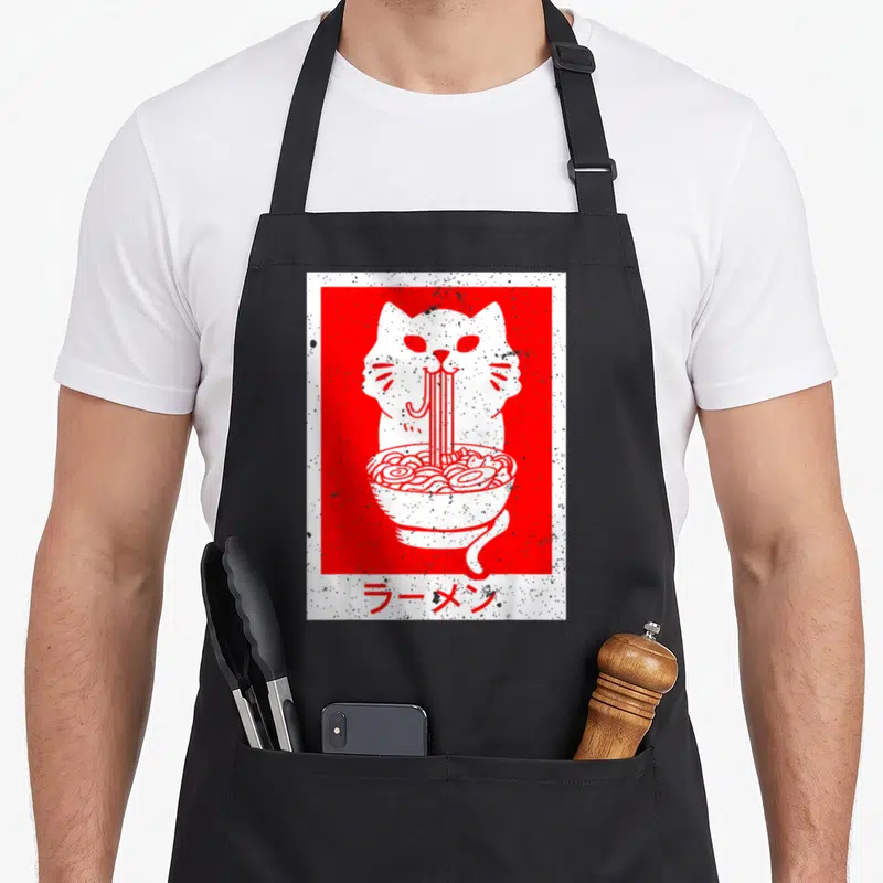 Neko cat apron - White cat eating ramen in red rectangle with Japanese text — shown on a black cotton canvas apron against a white background