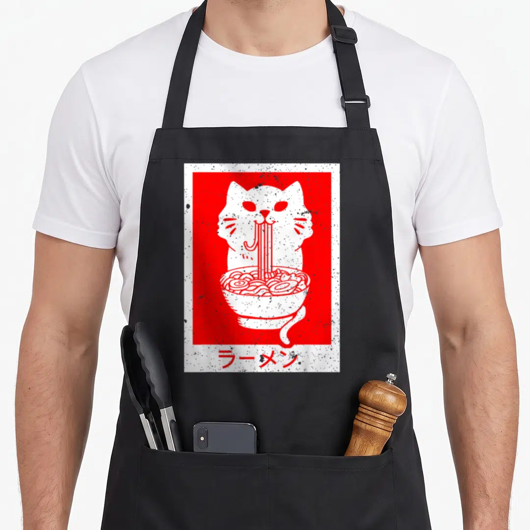 Neko cat apron - White cat eating ramen in red rectangle with Japanese text — shown on a black cotton canvas apron against a white background