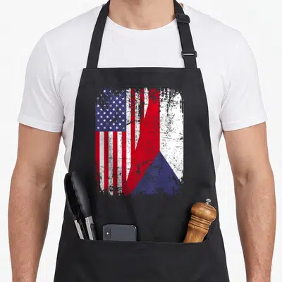 Czech republic american flag apron - Distressed square merge of American and Czech flags in red white and blue — shown on a black cotton canvas apron against a white background