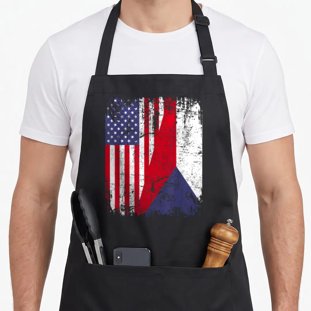 Czech republic american flag apron - Distressed square merge of American and Czech flags in red white and blue — shown on a black cotton canvas apron against a white background