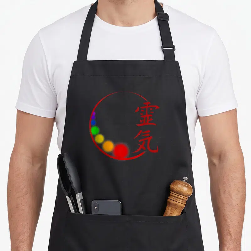 Reiki character aprons - Two red kanji characters next to a red circle containing six rainbow dots in purple blue green — shown on a black cotton canvas apron against a white background