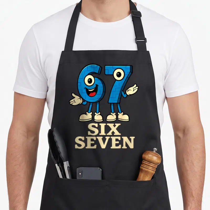 Seven brainrot italian apron - Blue cartoon 6 and 7 with cream shoes and stacked text — shown on a black cotton canvas apron against a white background