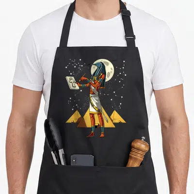Thoth egyptian apron - Ibis-headed god holding tablet with Ankh symbol before three pyramids and moon — shown on a black cotton canvas apron against a white background
