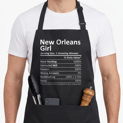 Orlean root louisiana apron - White nutrition label typography listing 1000% hard working and 200% sassy percentages — shown on a black cotton canvas apron against a white background