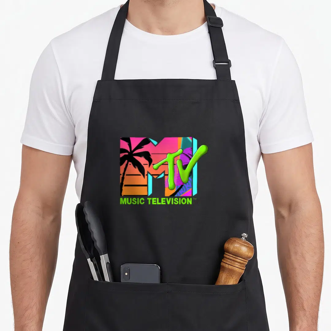 Mtv theme party apron - Retro MTV logo with palm trees inside M and MUSIC TELEVISION text in lime green — shown on a black cotton canvas apron against a white background