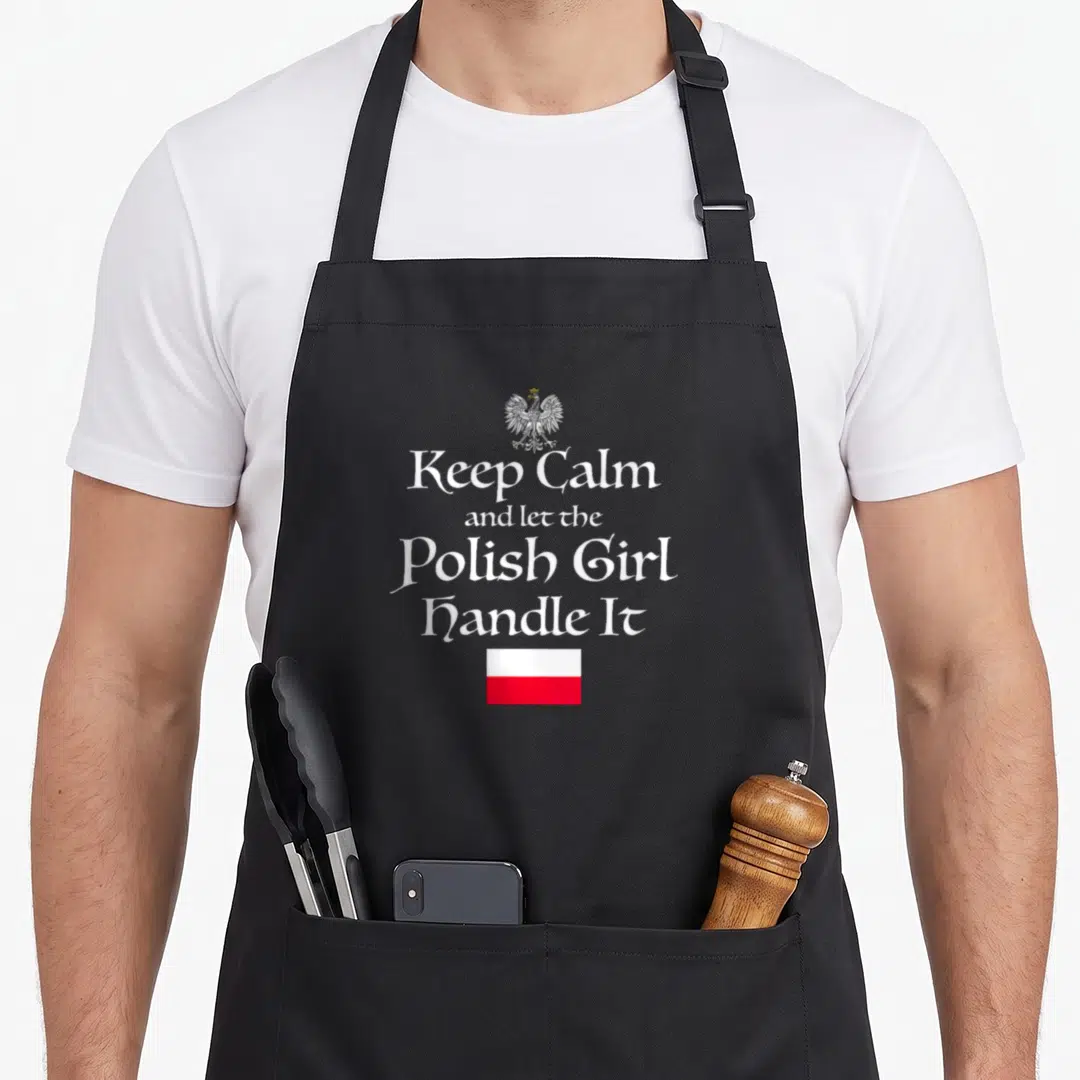 Handle polish aprons - Keep Calm Polish Girl Handle It text with eagle and white-red flag — shown on a black cotton canvas apron against a white background